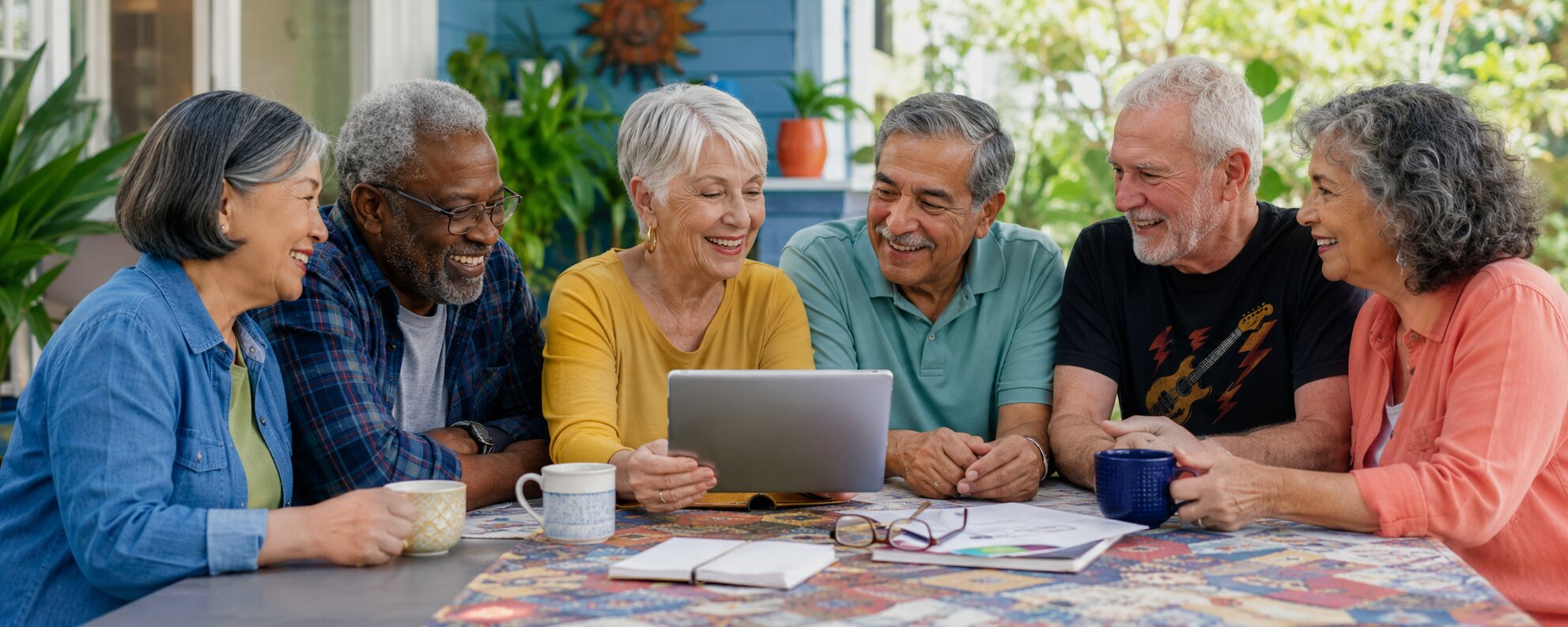 Six diverse older adults, including Asian, Black, Hispanic, and White men and women, smile together around a table while using a tablet to find information.